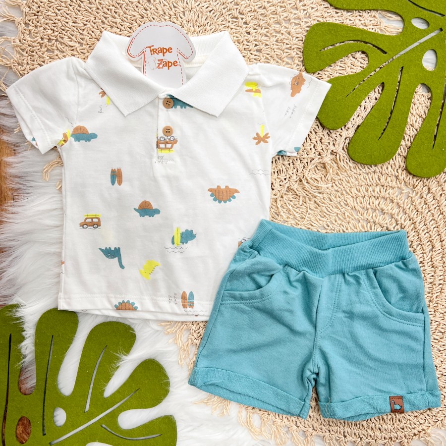 Conj. Camiseta Gola Polo Dinos e Bermuda - Off White e Verde Turquesa